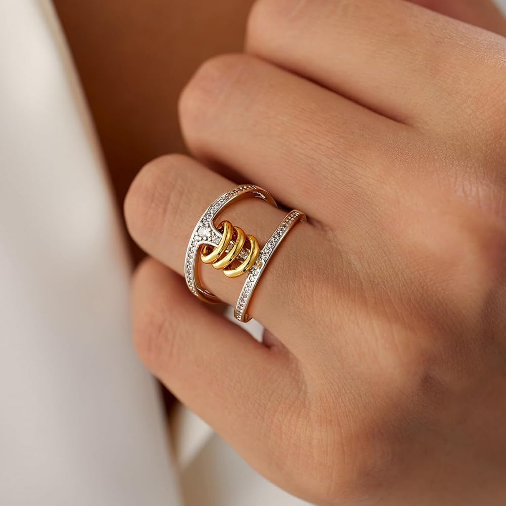 Eioi & Lmnm Gold Rings for Women Non Tarnish, 18K Gold Plated Two-Toned Interlocked Stacking Ring... | Amazon (US)