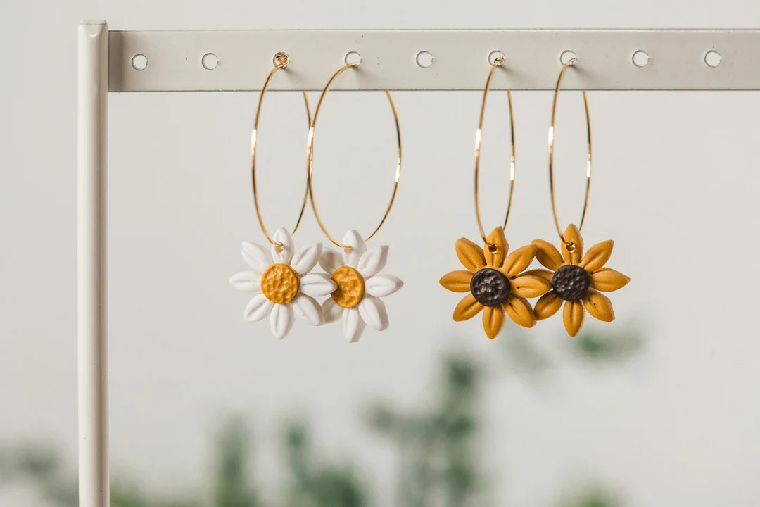 Daisy or Sunflower Earrings, CLAY EARRINGS | hypoallergenic | handmade, floral boho hoop earrings... | Etsy (US)