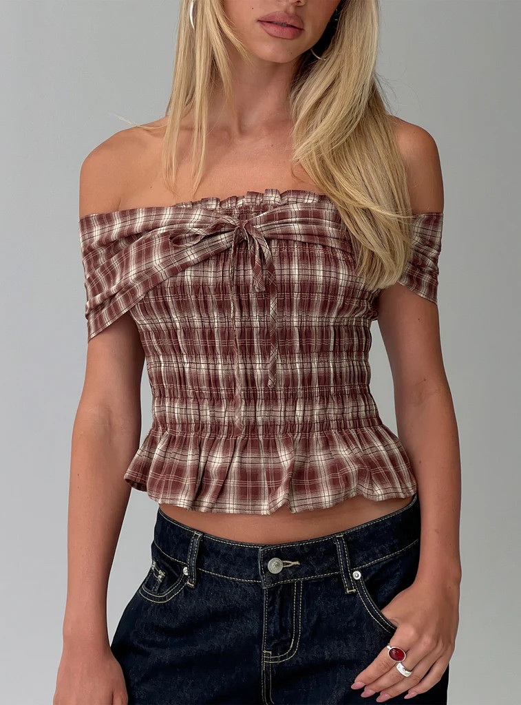 Avalynn Off Shoulder Shirred Top Brown Check | Princess Polly US