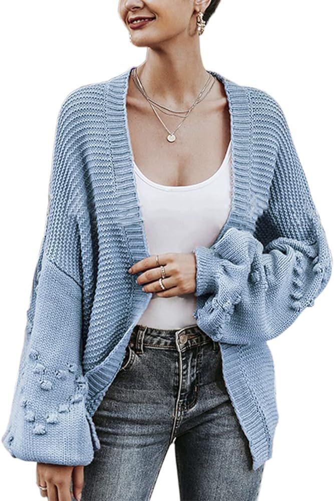 Light Weight Cardigans for Women V-Neck Open Front Casual Lantern Sleeve Knit Sweater Cardigan | Amazon (US)