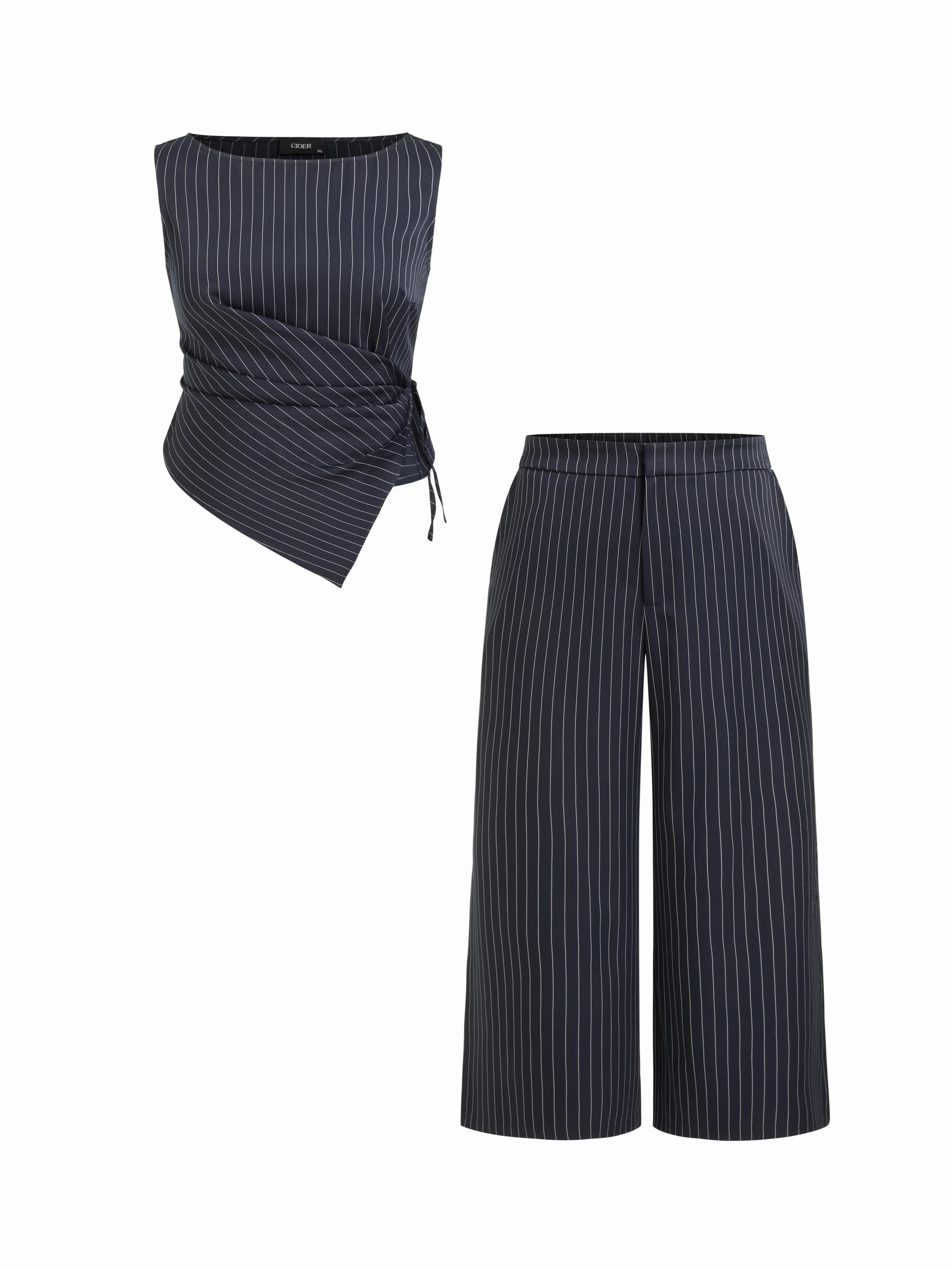 Boat Neck Striped Wrap Knotted Top & Mid Rise Wide Leg Trousers Set Curve & Plus | Cider