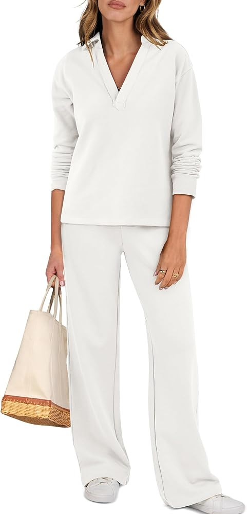 ANRABESS Lounge Sets for Women 2 Piece Outfits Sweatsuit Set Fall V Neck Sweatshirts Wide Leg Pan... | Amazon (US)