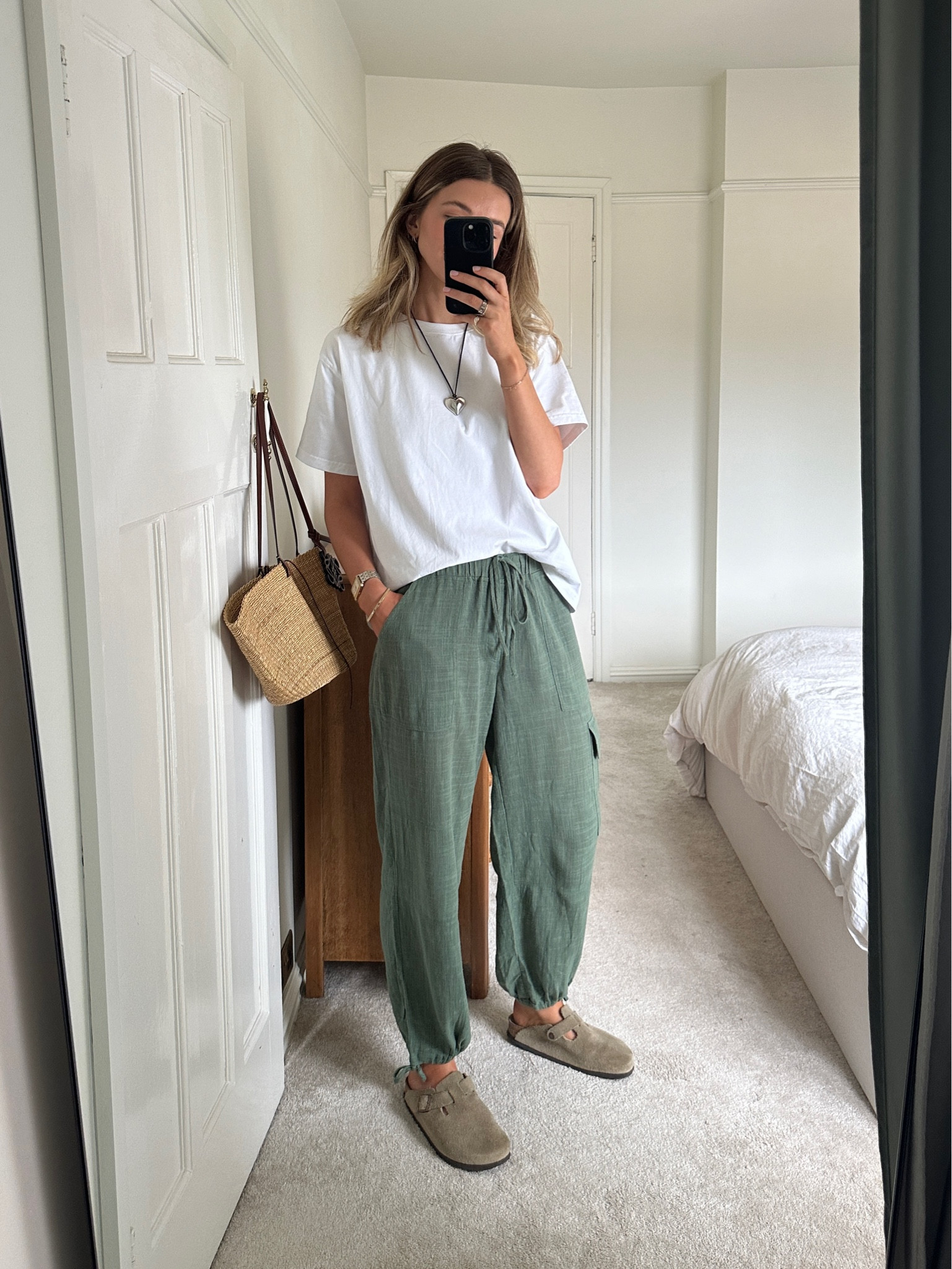 Cotton On, American Vintage, Loewe, Birkenstock, cargo trousers, linen trousers, utility trousers, white tshirt, oversized tshirt, clogs, basket bag 



#LTKsummer #LTKuk #LTKeurope