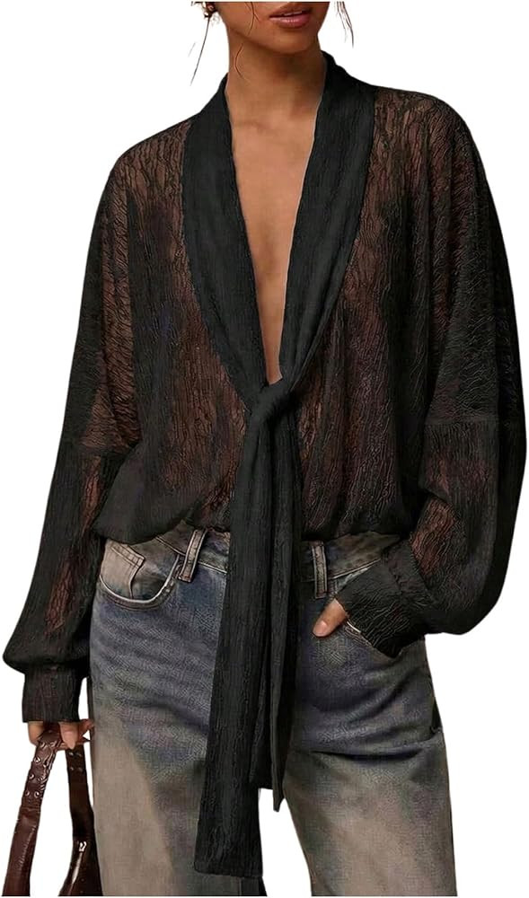 SOLY HUX Women's Lace Tops Long Sleeve Sheer Mesh Tie Front Blouse | Amazon (US)