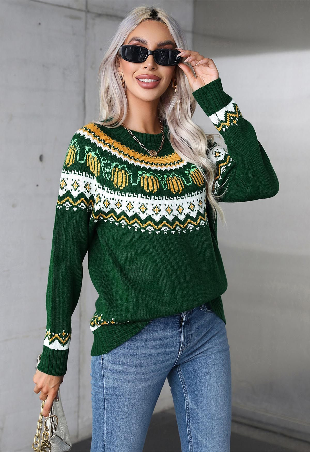 Pumpkin Delight Long Sleeves Knit Sweater in Green | Chicwish