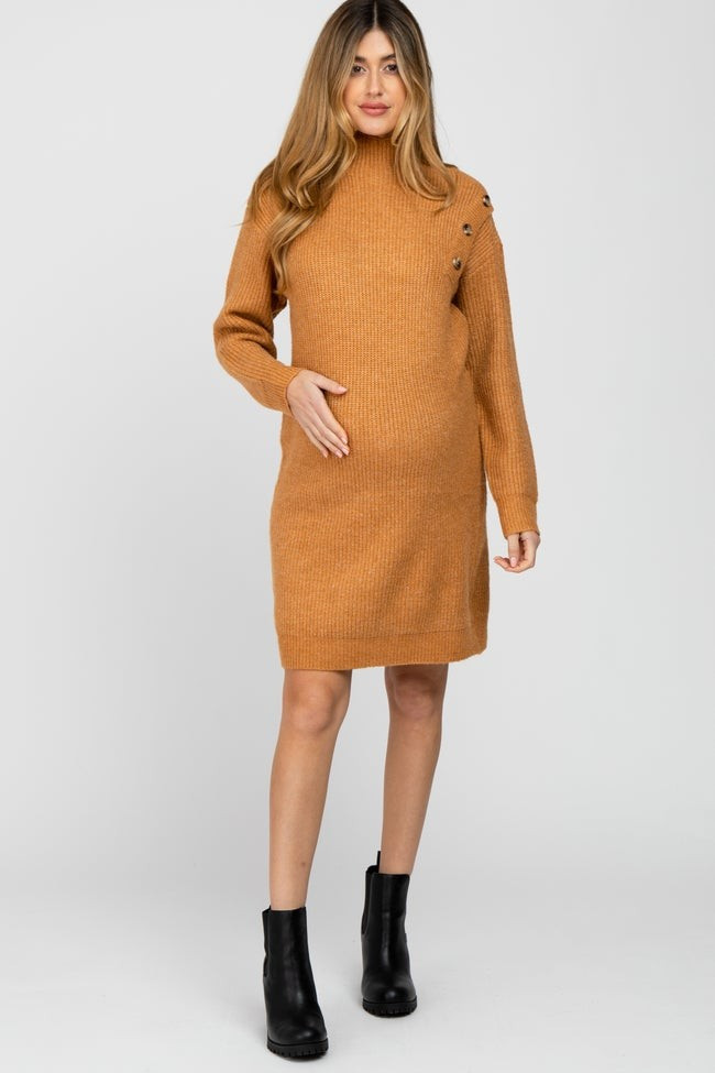 Camel Mock Neck Button Shoulder Maternity Sweater Dress | PinkBlush Maternity