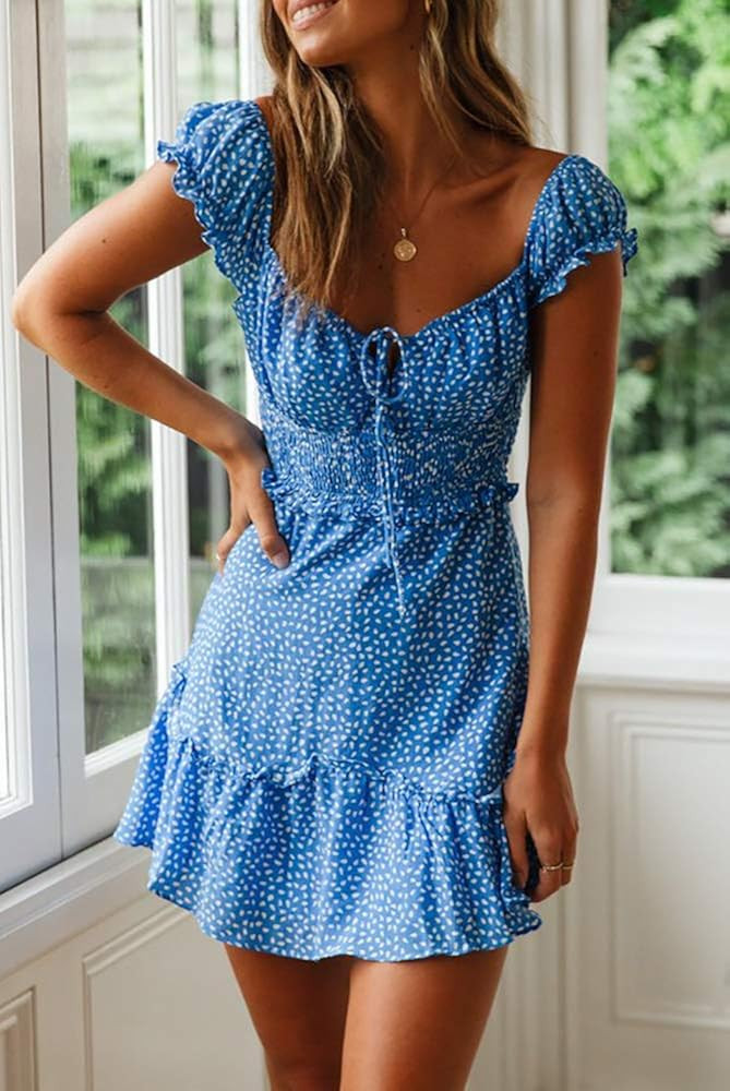 Yobecho Womens Summer Ruffle Sleeve Sweetheart Neckline Printing Dress Mini Dress | Amazon (US)