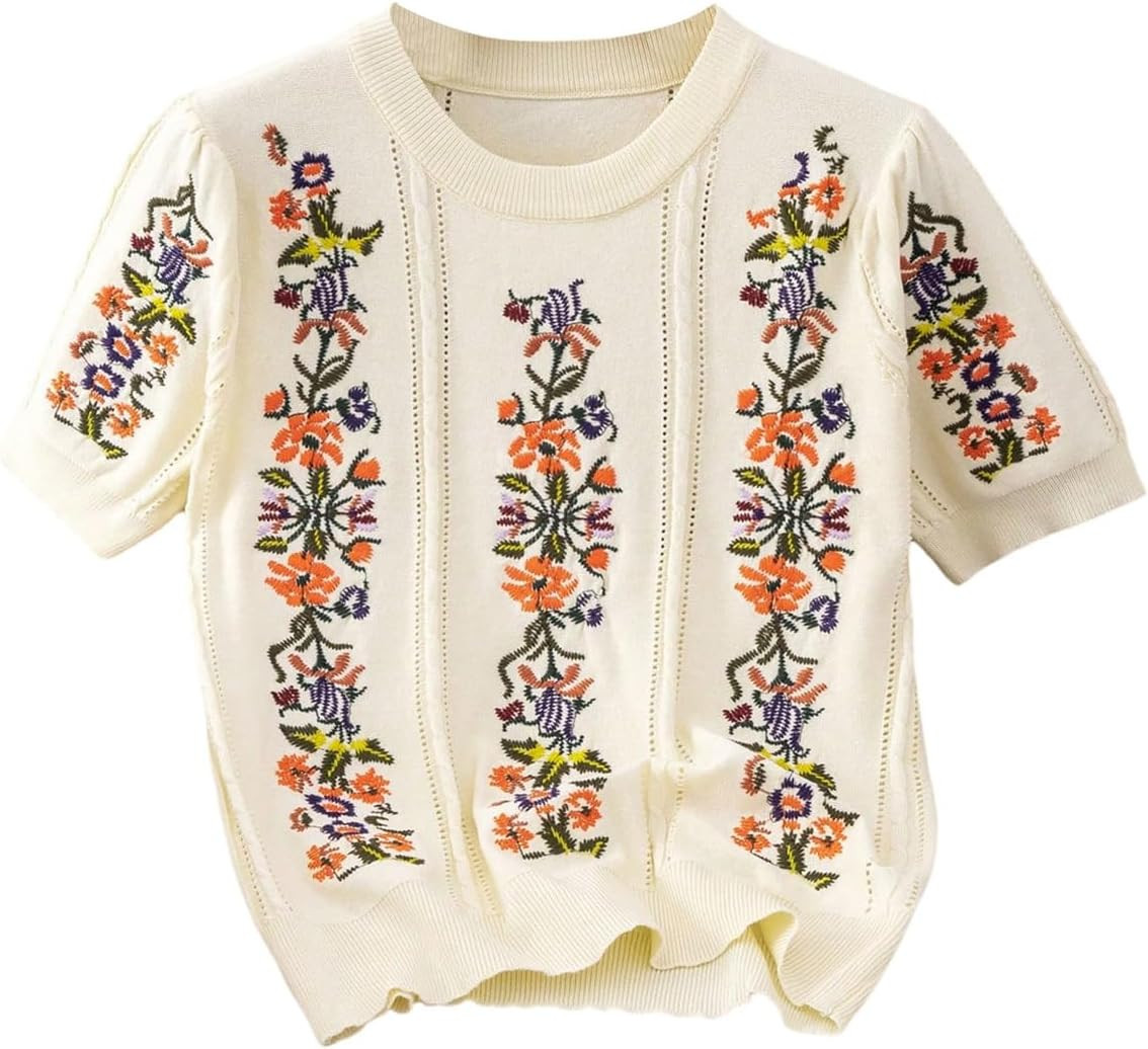 SOLY HUX Womens Floral Summer Short Sleeve Sweater Pullover Boho Knit Tops | Amazon (US)
