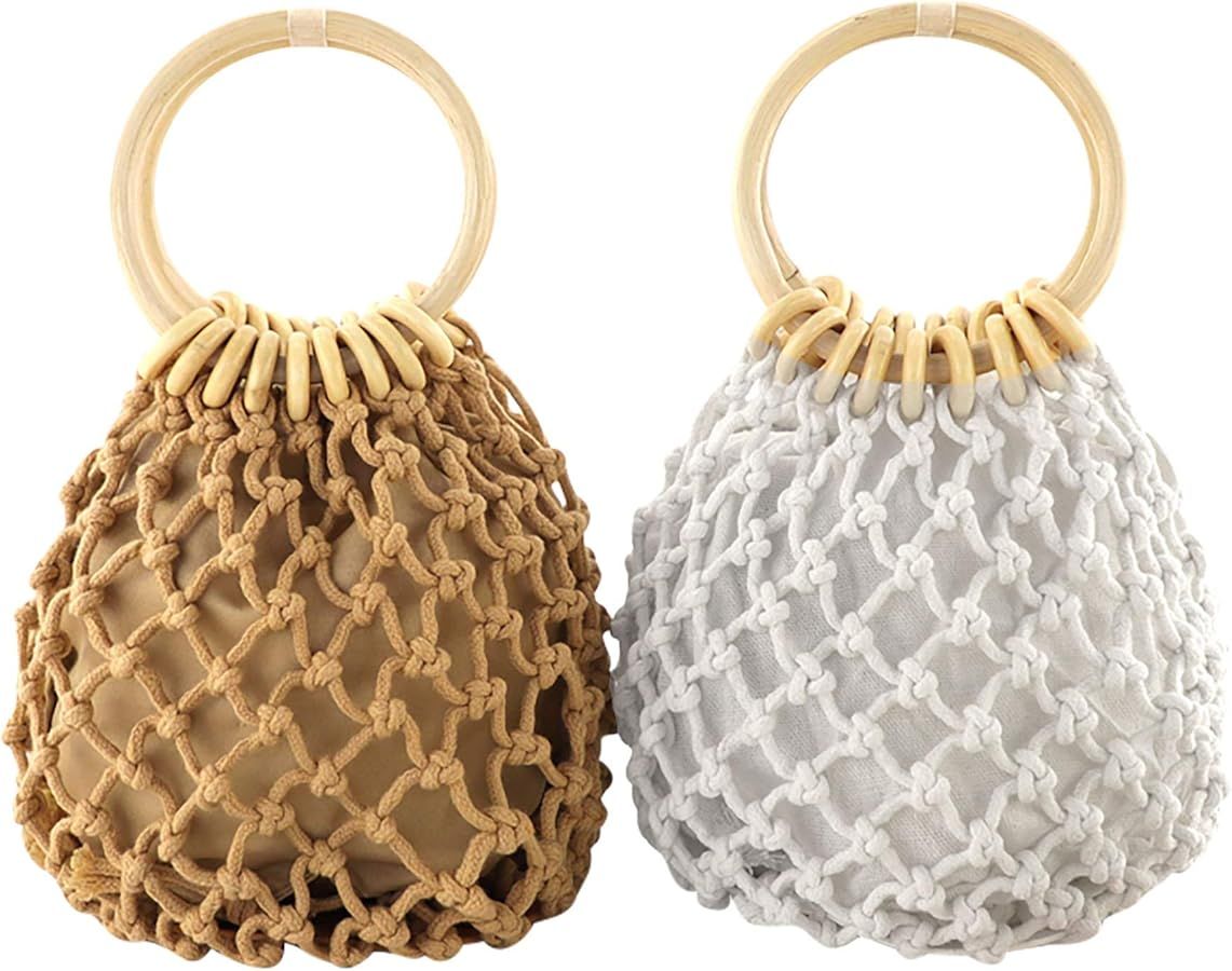 Ayliss Women Mini Clutch Tote Handbag Top-handle Bucket Drawstring Handbag Beach Woven Handmade F... | Amazon (US)