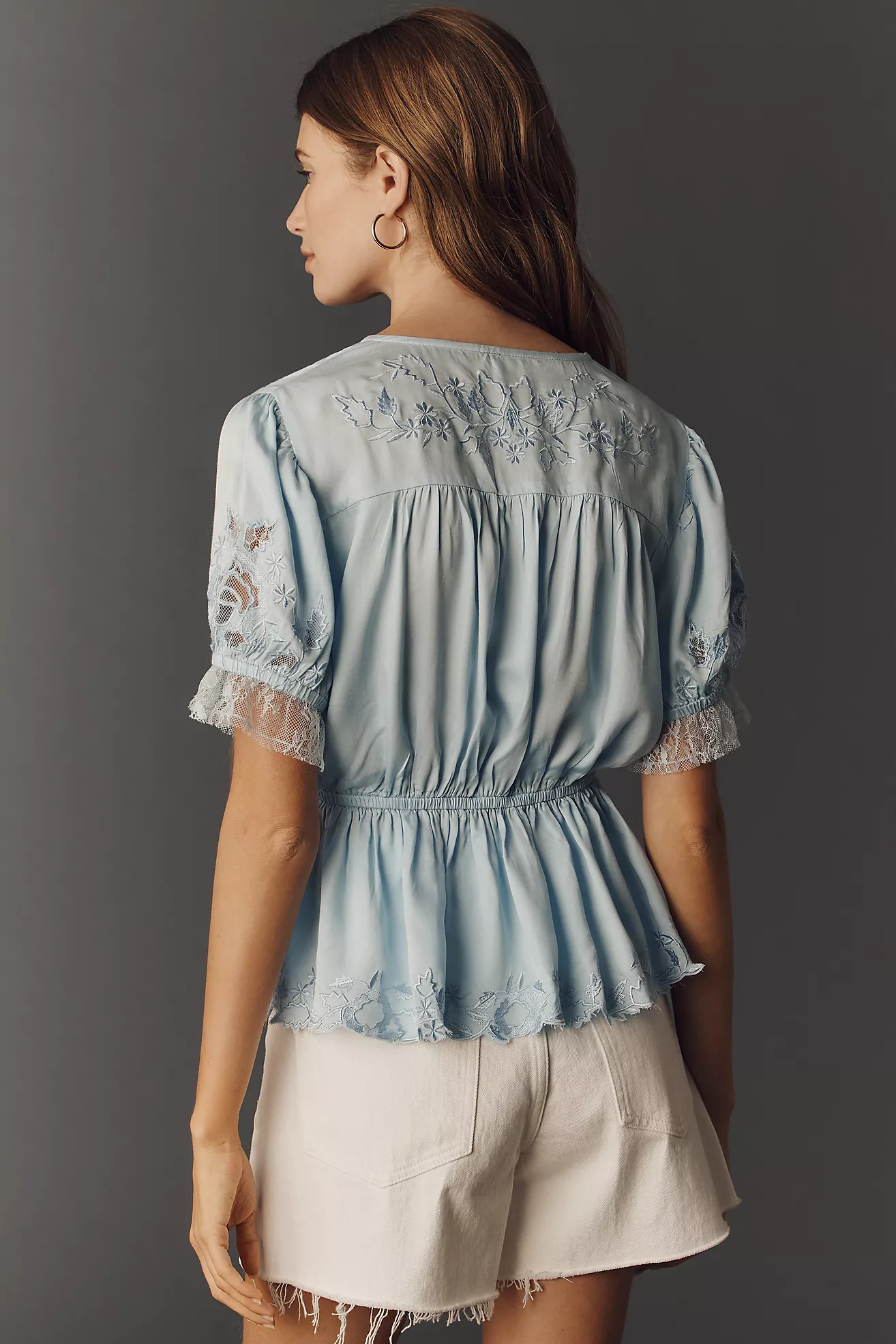 By Anthropologie Embroidered V-Neck Peplum Blouse | Anthropologie (US)