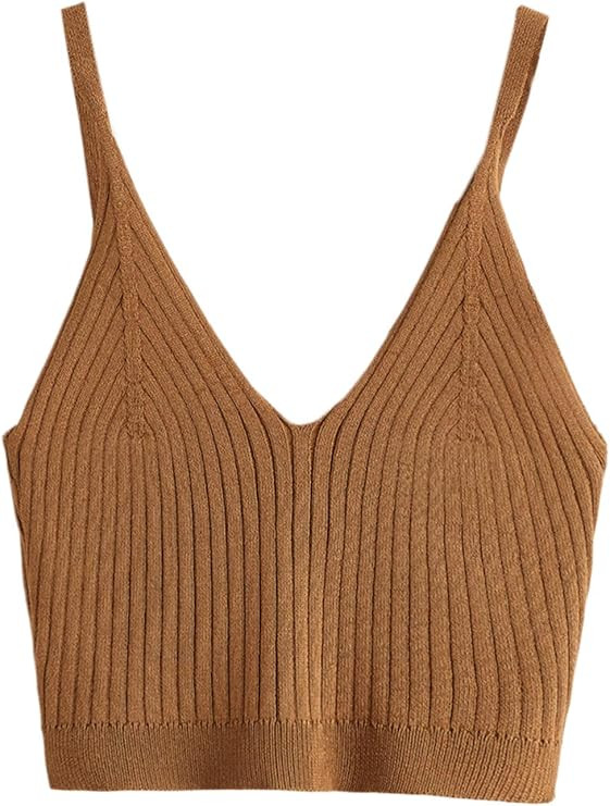 SweatyRocks Women's V Neck Crop Cami Top Ribbed Knit Spaghetti Strap Sleeveless Vest | Amazon (US)
