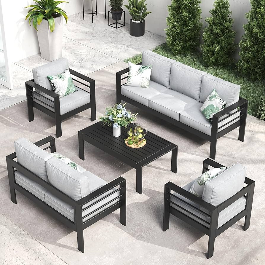 LayinSun Outdoor Aluminum Furniture Set, 5 Pieces Patio Sectional Conversation Chat Sofa Modern S... | Amazon (US)