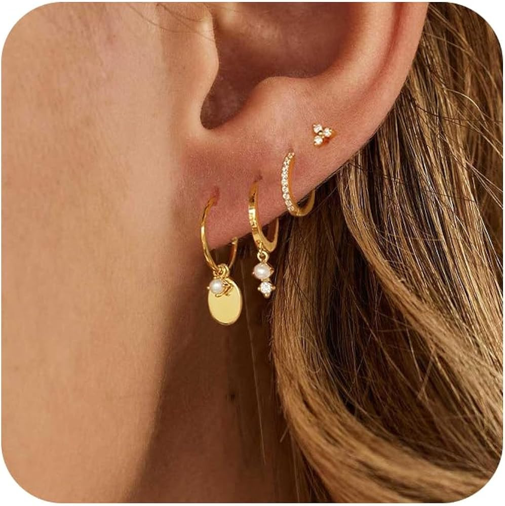 Gold Plated Earrings for Women, 14k Gold Plated Earring Stack Hypoallergenic Pearl Drop Earring D... | Amazon (US)