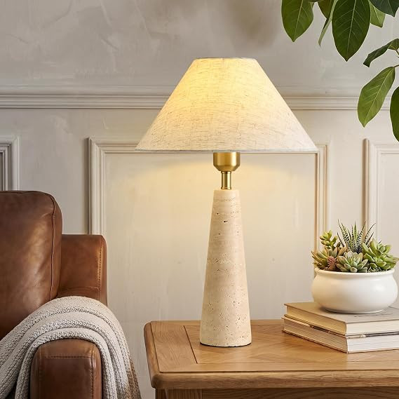 Stone Lamp, Dimmable Travertine Table Lamp 18.9" with Linen Shade, Wabi-Sabi Light Fixture, 15W N... | Amazon (US)