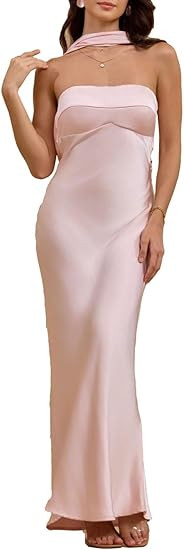 Women's Summer Satin Strapless Tube Top Maxi Dress Elegant Silk Backless Halter Neck Formal Party... | Amazon (US)
