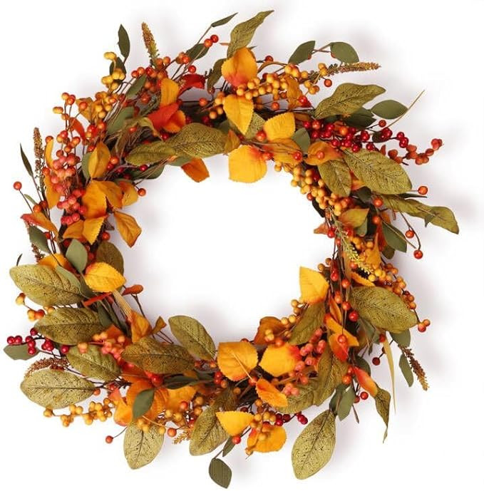 PONATIA 20'' Fall Wreaths for Front Door with Leaf and Berry, Fall Decor Autumn Wreath for Thanks... | Amazon (US)