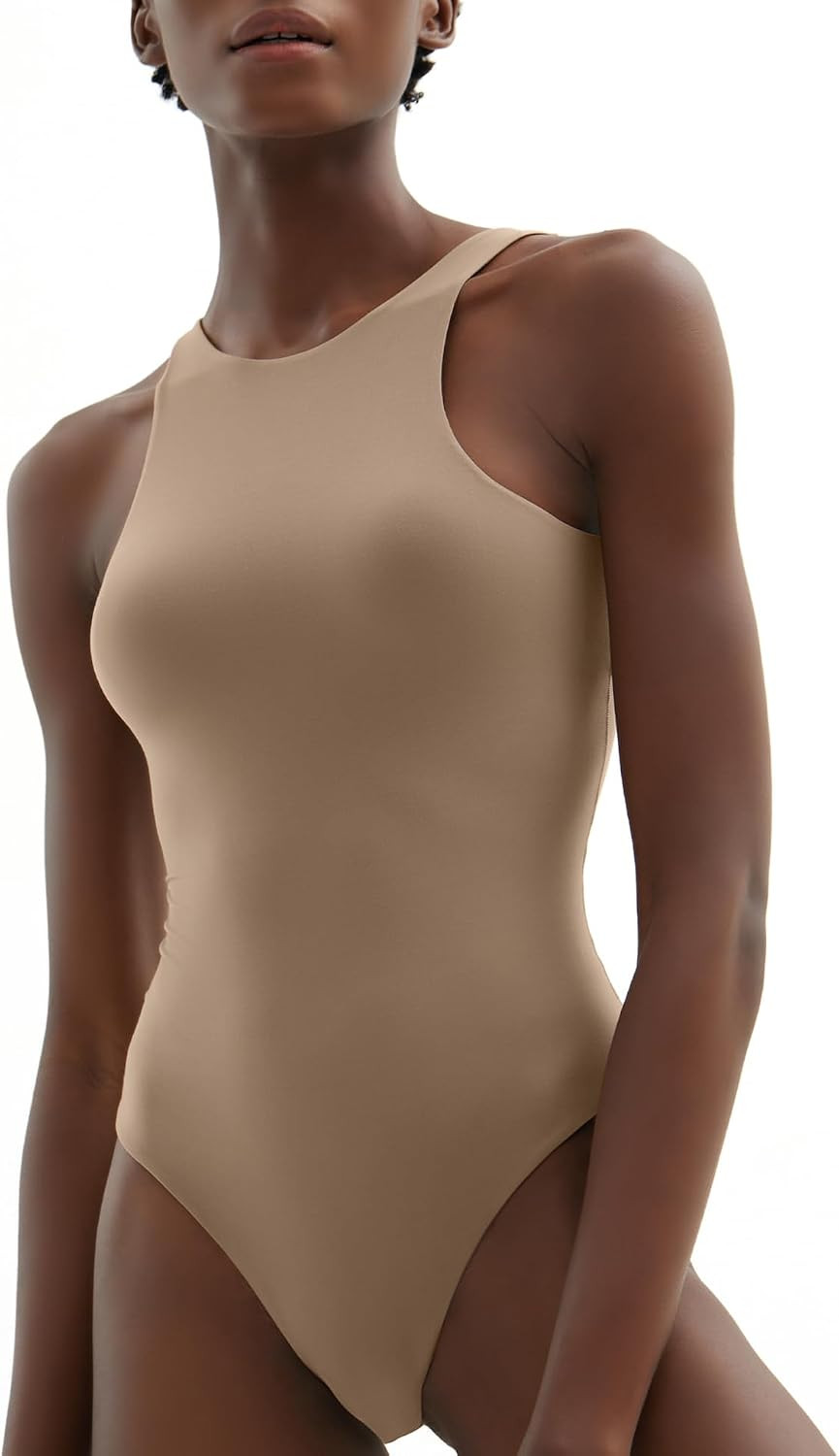 PUMIEY Bodysuits for Women Sexy Tops Thong Brown Sleeveless Tank Top Latte X-Small | Amazon (US)