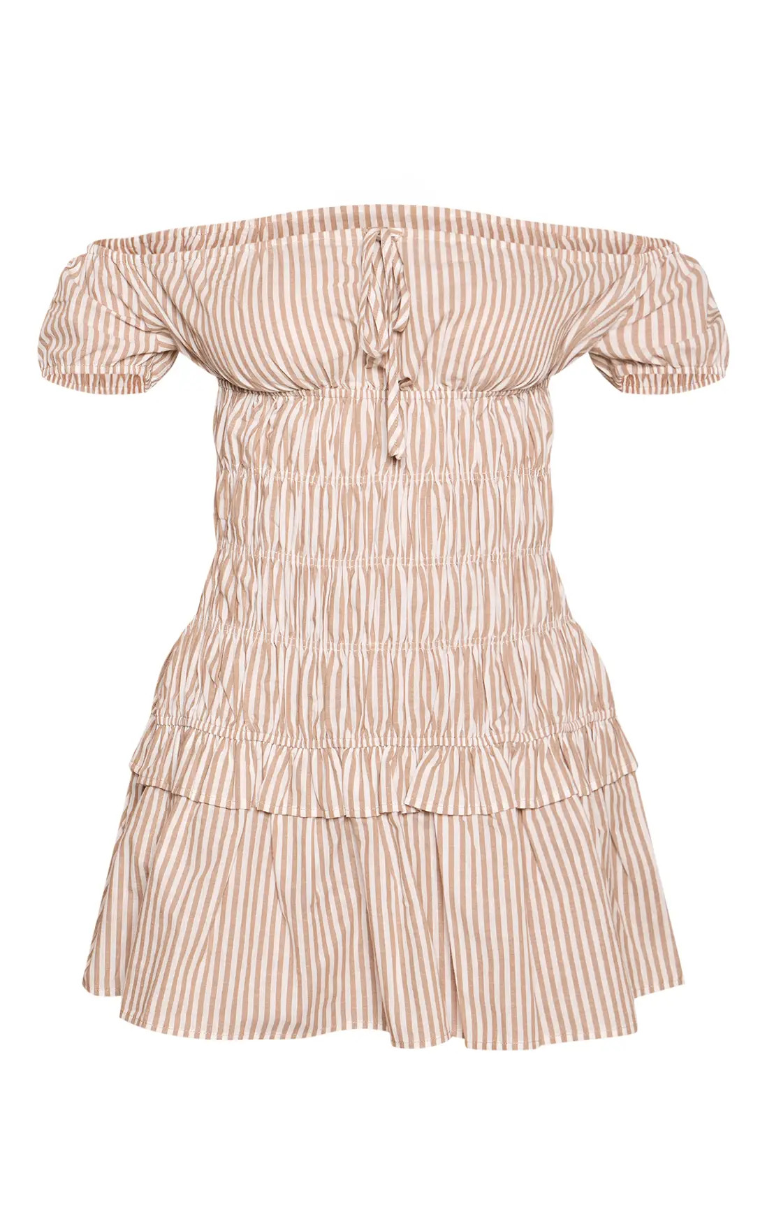 Brown Pinstripe Bardot Ruched Shift Dress | PrettyLittleThing UK