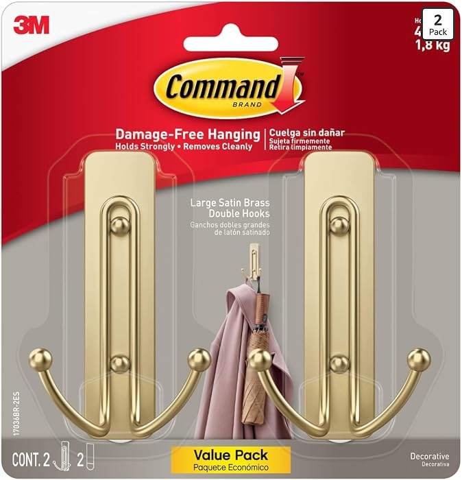 Command Large Satin Brass Double Hooks, 2 Coat Hooks and 2 Strips, Damage-Free Hanging with Adhes... | Amazon (US)