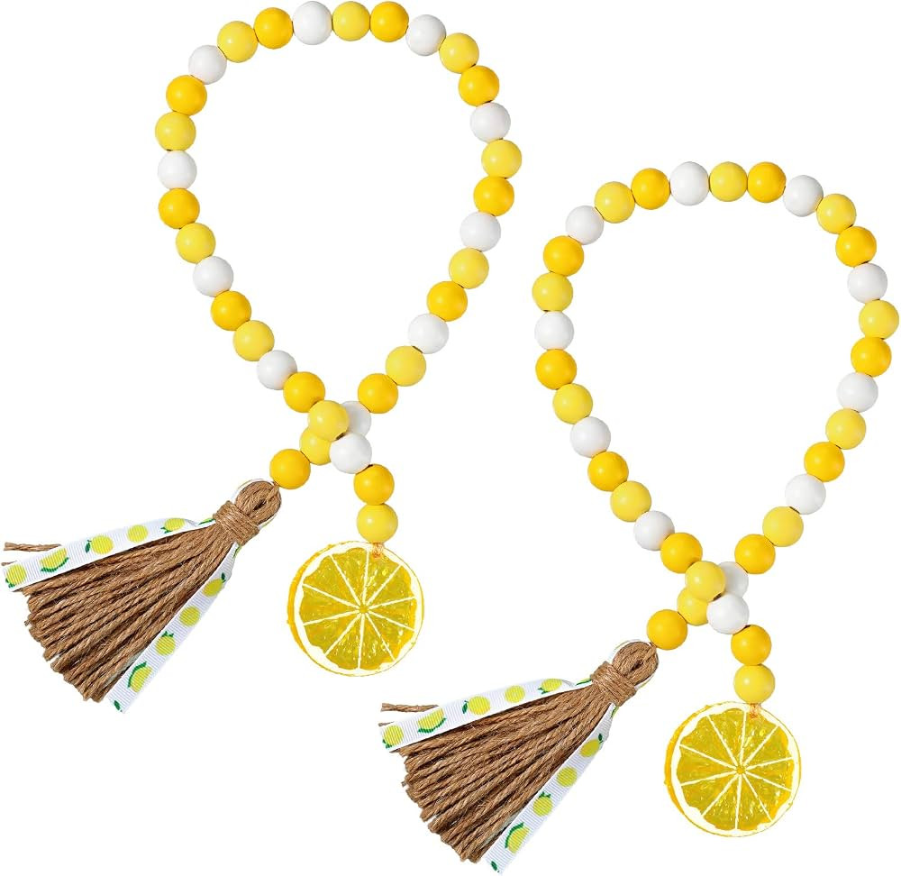 2 Pieces Lemon Wood Bead Garland with Tassels Farmhouse Rustic Lemonade Bead Garland with Lemonad... | Amazon (US)