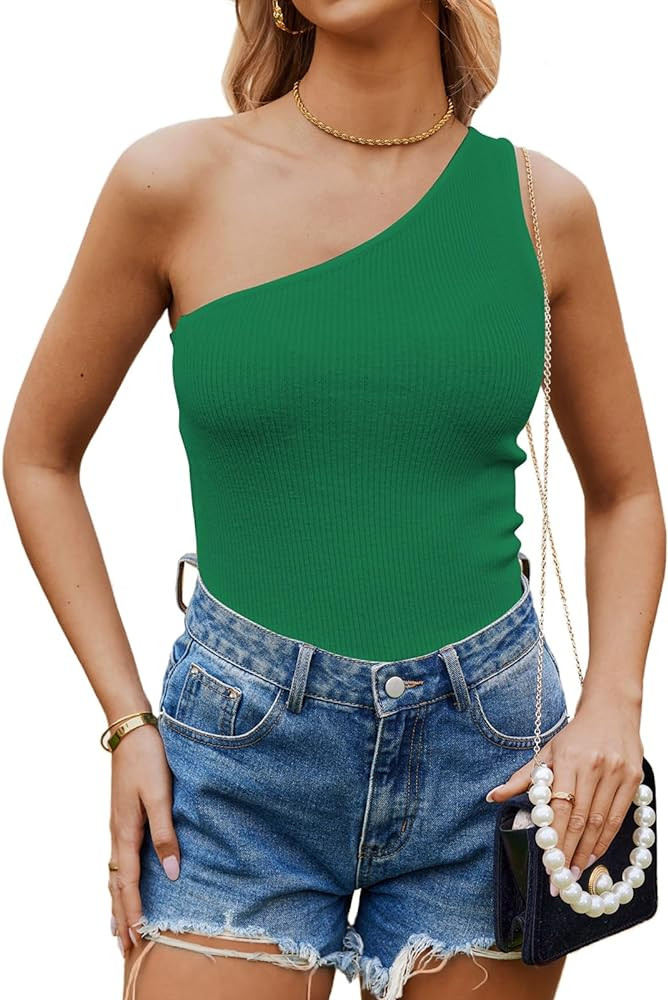 Poetsky Womens One Shoulder Tank Tops Summer Sleeveless Ribbed Knit Shirts Slim Fitted Tee Blouse... | Amazon (US)