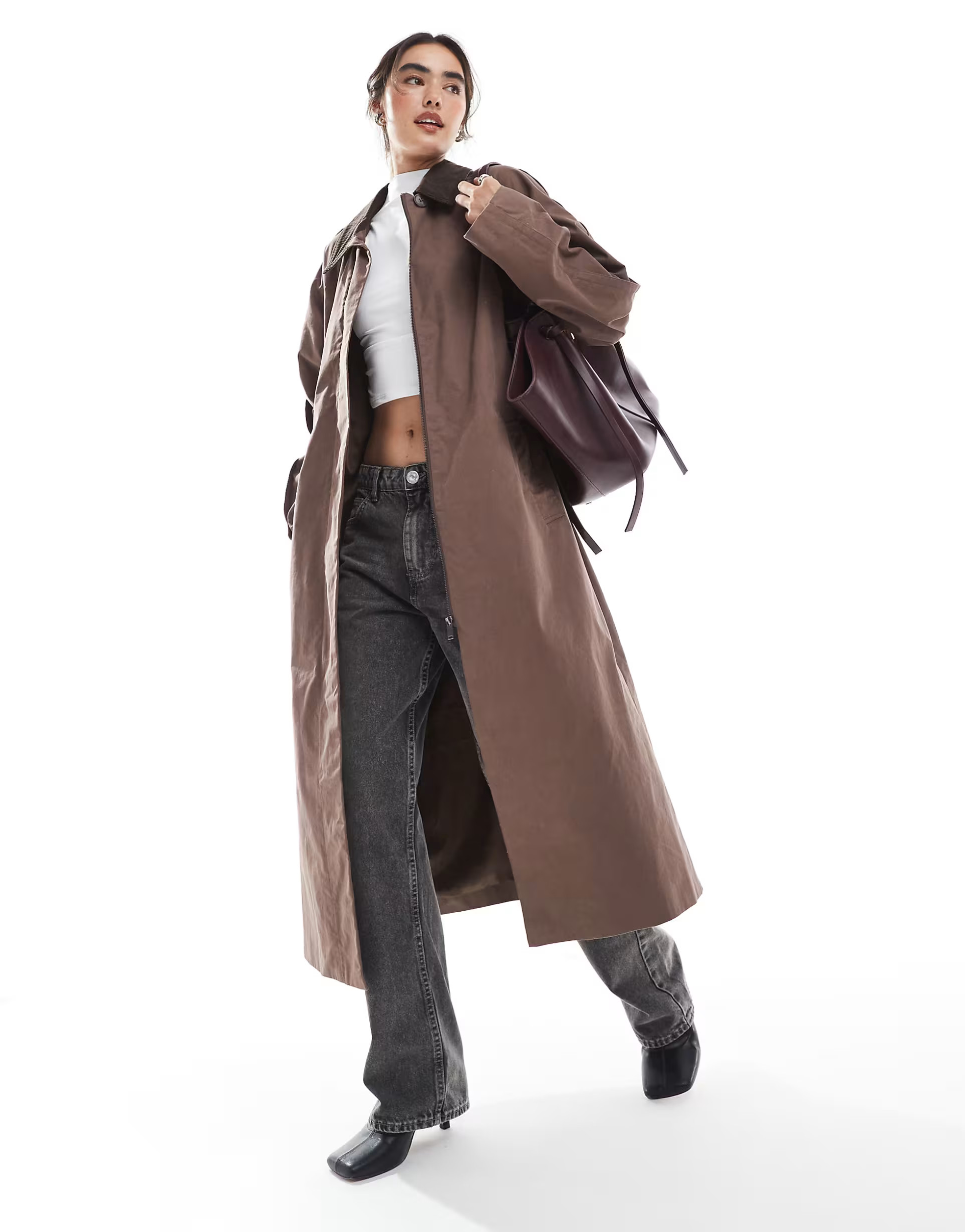 ASOS DESIGN cord collar trench coat in brown | ASOS (Global)