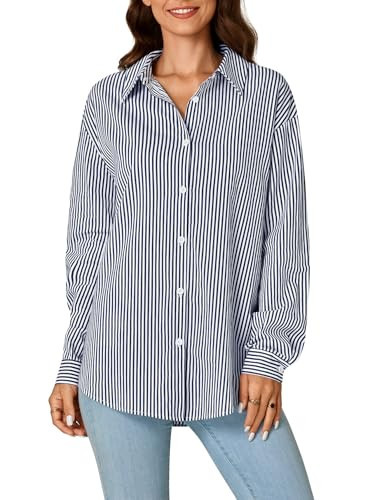 LYANER Women's Striped Button Down Shirts Long Sleeve Button Up Collared Office Work Blouses Tops Navy Blue Small | Amazon (US)