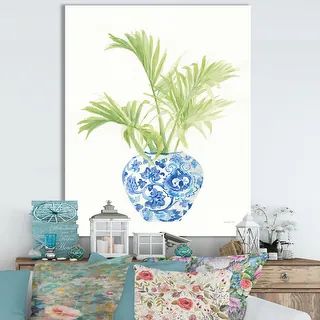 Designart 'Palm Chinoiserie White II' Cottage Canvas Wall Art - Overstock - 29861699 | Bed Bath & Beyond