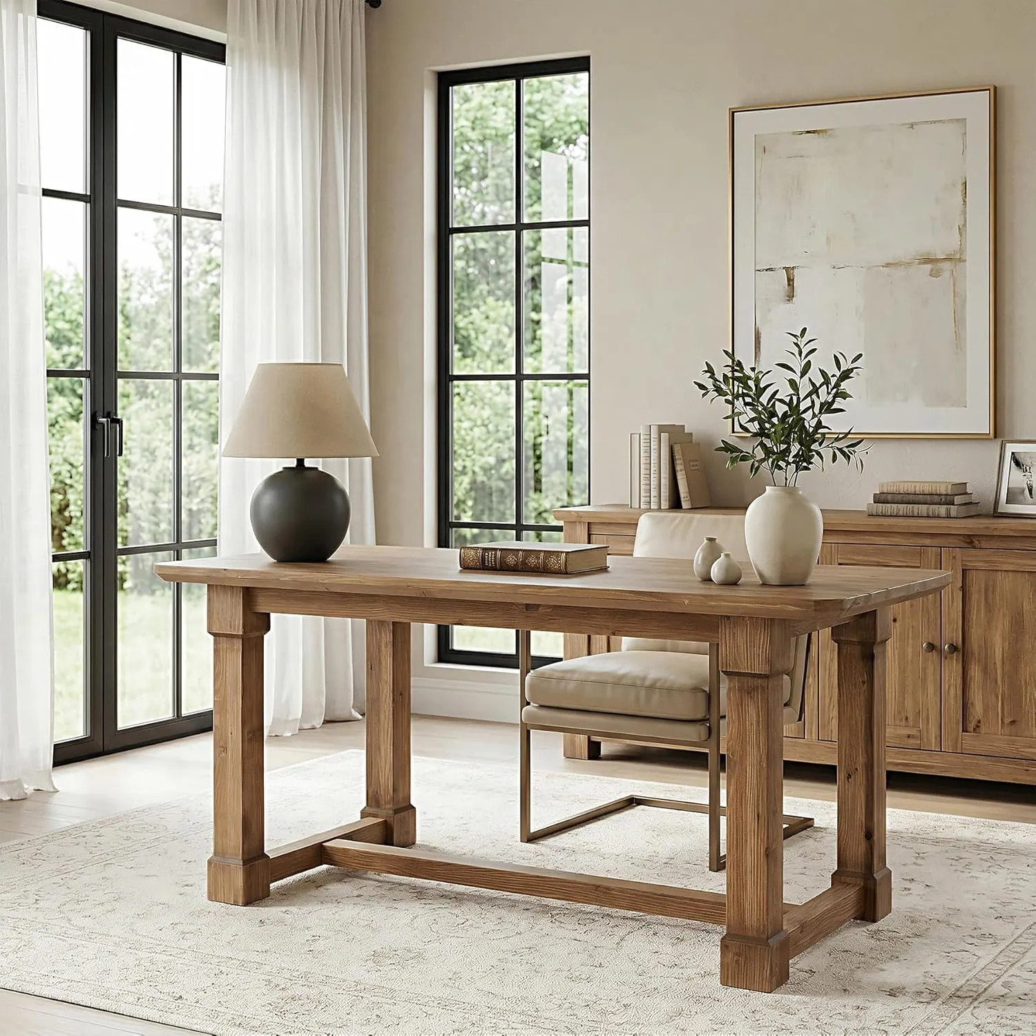 63" Solid Wood Executive Desk, Rustic Farmhouse Thick Wooden Home Office Computer Desk | Overstock