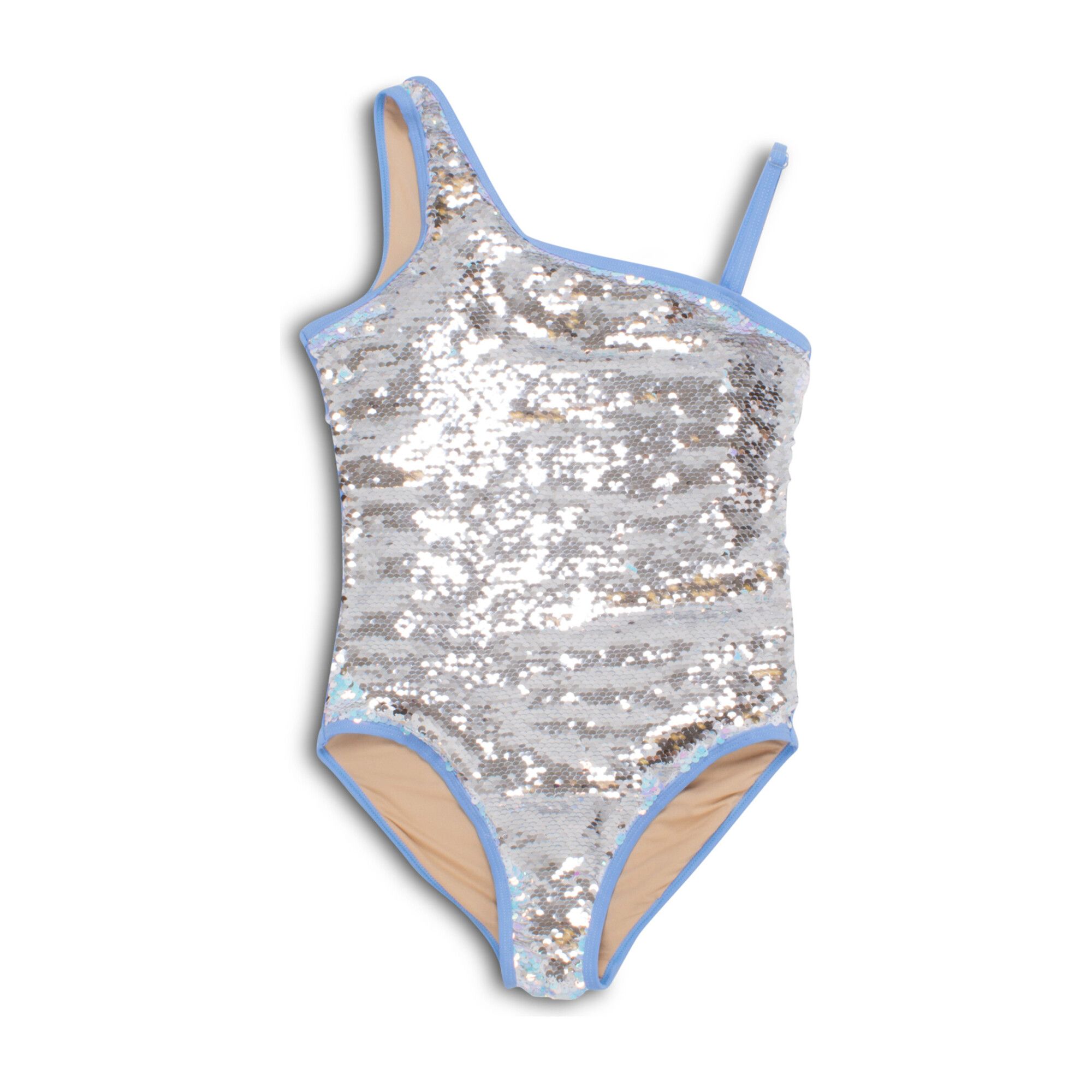 Flippable Sequins One Shoulder Swimsuit, Periwinkle & Silver | Maisonette