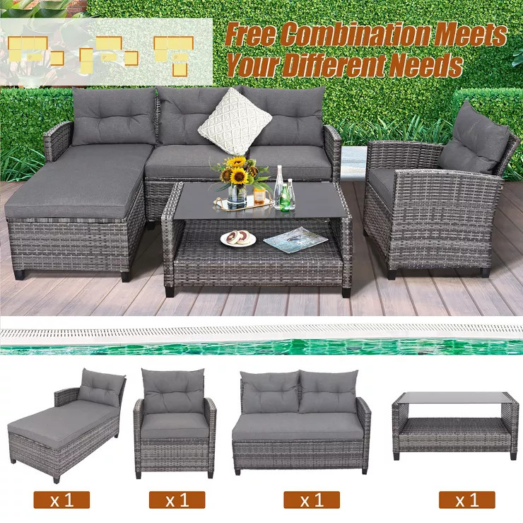 Costway 4PCS Patio Rattan Furniture Set Cushioned Loveseat Table Shelf Gray | Target