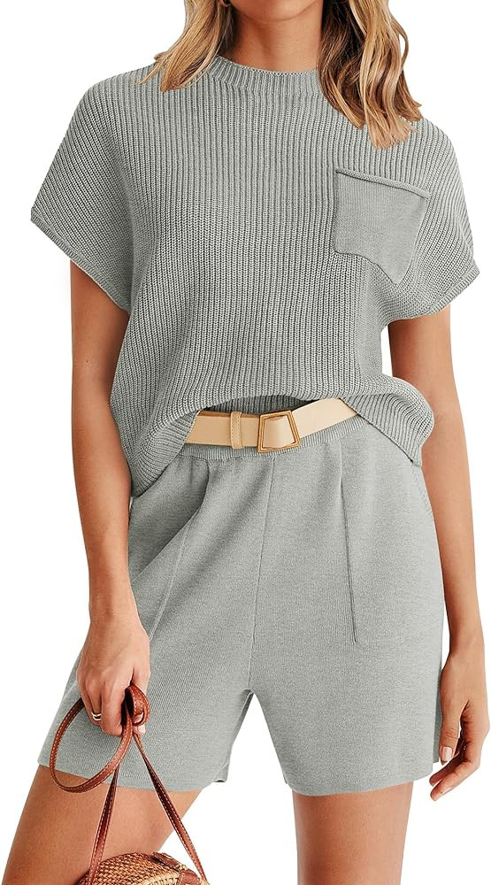 ZESICA Women's 2 Piece Outfits Sweater Set Short Sleeve Mock Neck Knit Pullover Top and Shorts Tr... | Amazon (US)