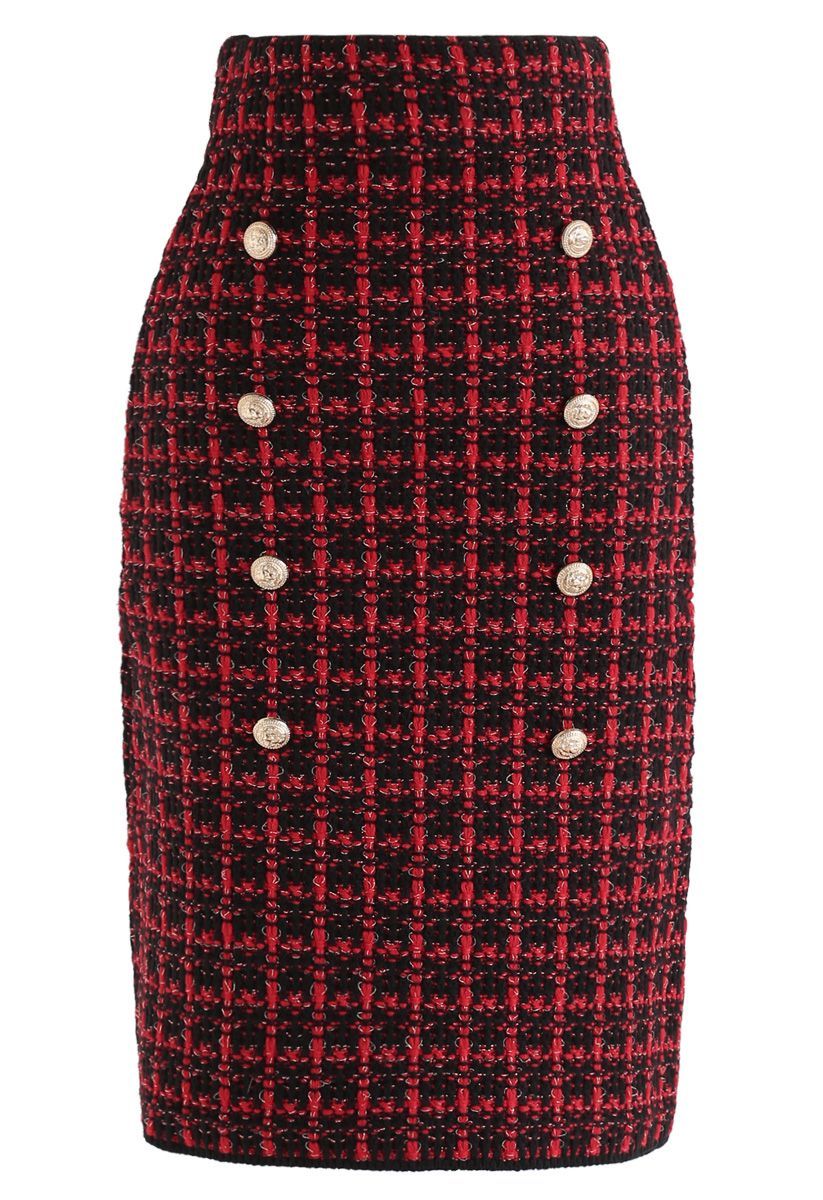 Buttons Decorated Grid Pencil Midi Skirt in Red | Chicwish