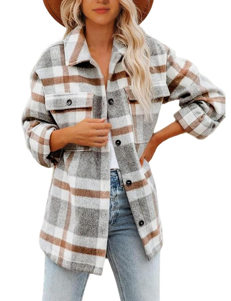 Lviefent Womens Casual Wool Blend Plaid Flannel Shackets Jacket Button Down Shirt Coat | Amazon (US)