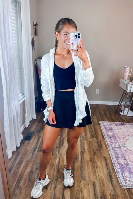 Black active set, black active skort, tennis outfit, pickleball outfit, neutral athleisure outfit, how to style new balance 327, new balance tennis shoes, white linen gauze top, adorable active skirt, lululemon skirt, align tank top

#LTKActive #LTKStyleTip #LTKSeasonal