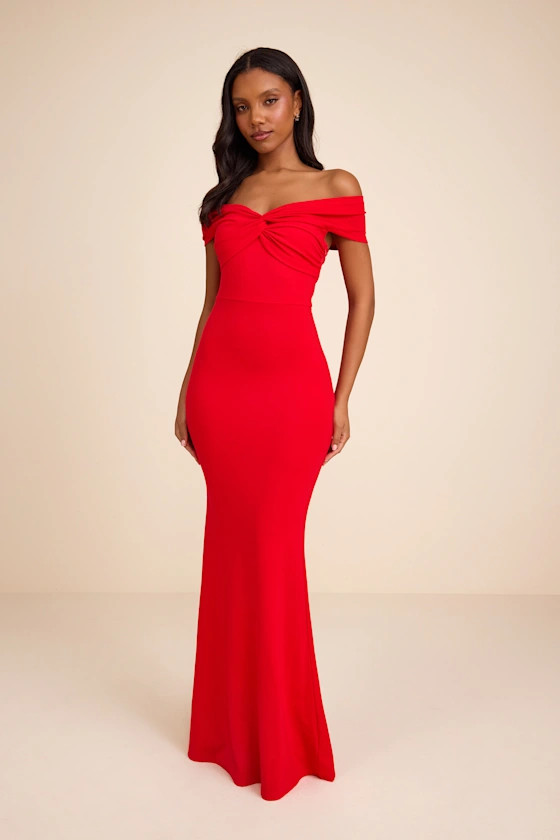 Katerina Red Twist-Front Off-The-Shoulder Maxi Dress | women red dress  | Lulus