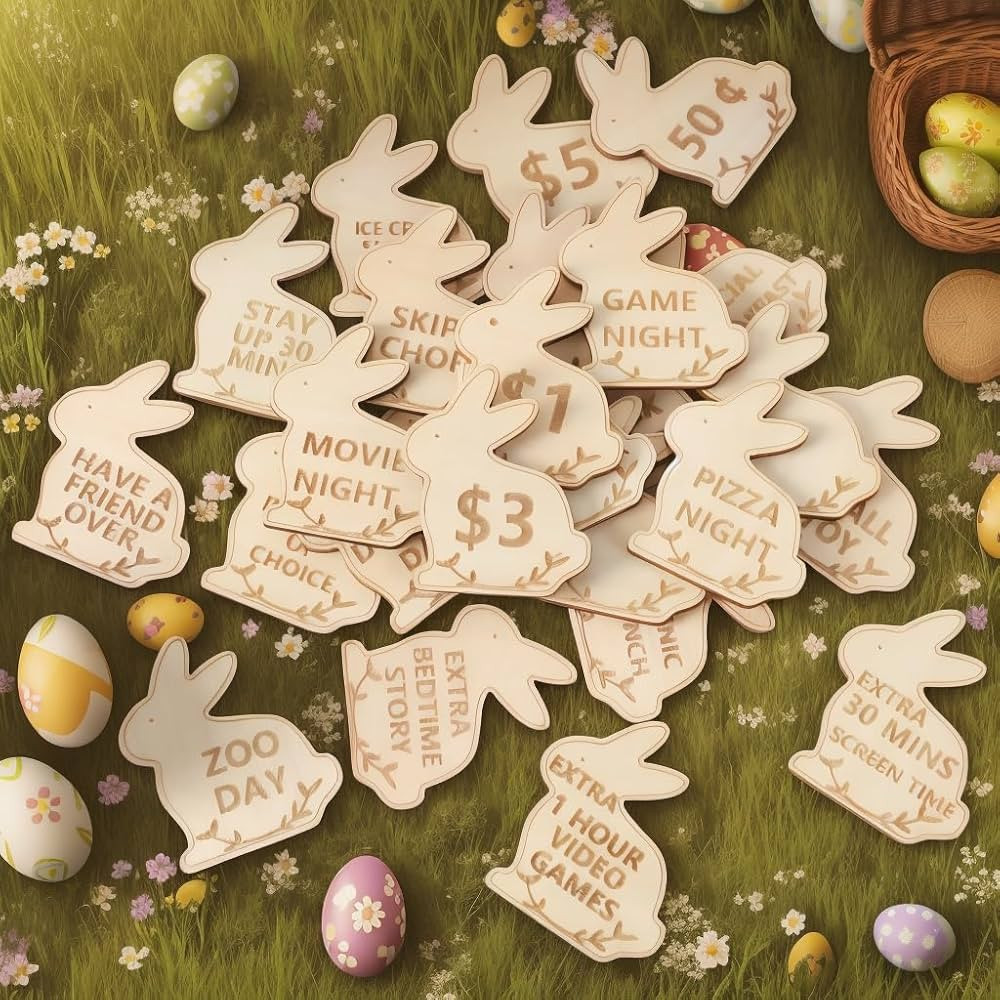 27 Pack Wood Bunny Easter Egg Tokens - 1.97'' x 1.89'' / 5 x 4 cm, 24 Different Engraved + 3 Blan... | Amazon (US)