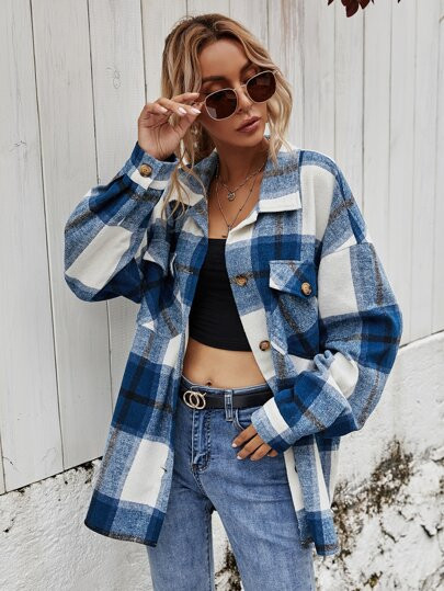 Oversized Plaid Button Front Drop Shoulder Coat | SHEIN