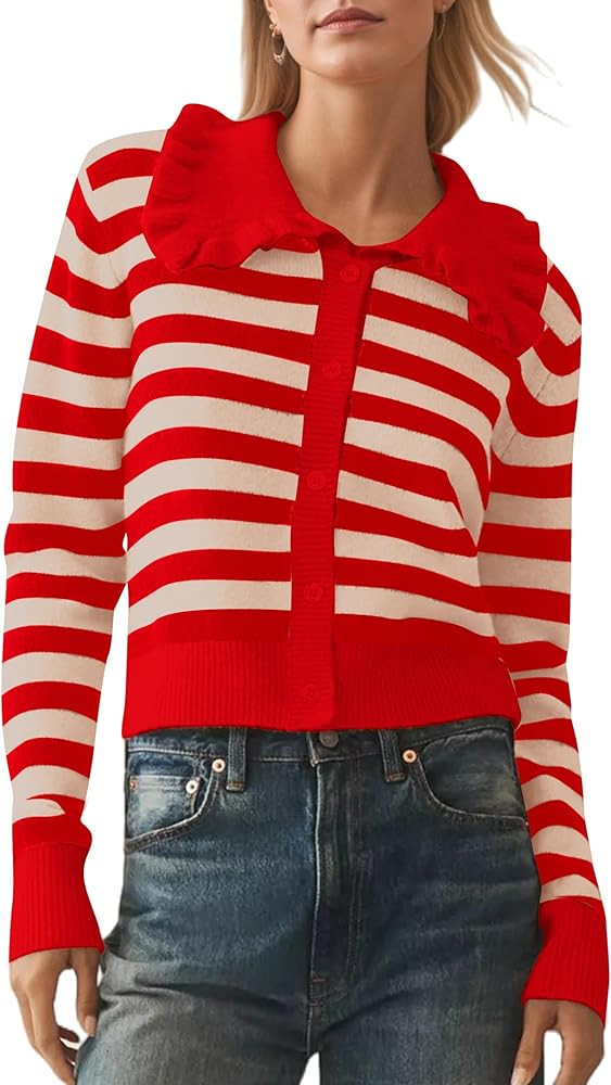 Womens Ruffle Collar Cardigan Sweater Button Up Open Front Fall Knit Jackets Cute Long Sleeve But... | Amazon (US)