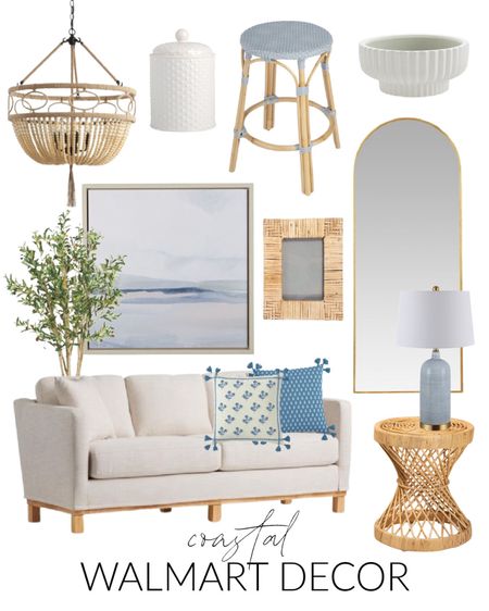 I am loving these affordable home décor pieces from Walmart!  Items include an upholstered sofa, a framed canvas art, blue glass table lamp, blue and white reversible throw pillows, a rattan counter stool, a beaded pendant chandelier, a white hobnail canister, a white ceramic bowl, a faux olive tree, a rattan end table, a floor mirror and woven picture frame.

look for less home, designer inspired, beach house look, walmart haul, walmart must haves, area rug walmart, home decor, Walmart finds, Walmart home decor, Walmart bedroom, Walmart décor, Walmart home finds, walmart chairs, Walmart table lamps, walmart rugs, simple decor, dining chairs, accent chairs, abstract wall art, art for home, canvas wall art, living room decor, bedroom inspiration, couch throws, neutral design, bedroom area rug, dining room rug, simple decor, coastal decorating, coastal design, coastal inspiration #ltkfamily  #ltksale  

#LTKfindsunder50 #LTKfindsunder100 #LTKSeasonal #LTKhome #LTKsalealert #LTKstyletip #LTKsalealert #LTKSeasonal #LTKSale