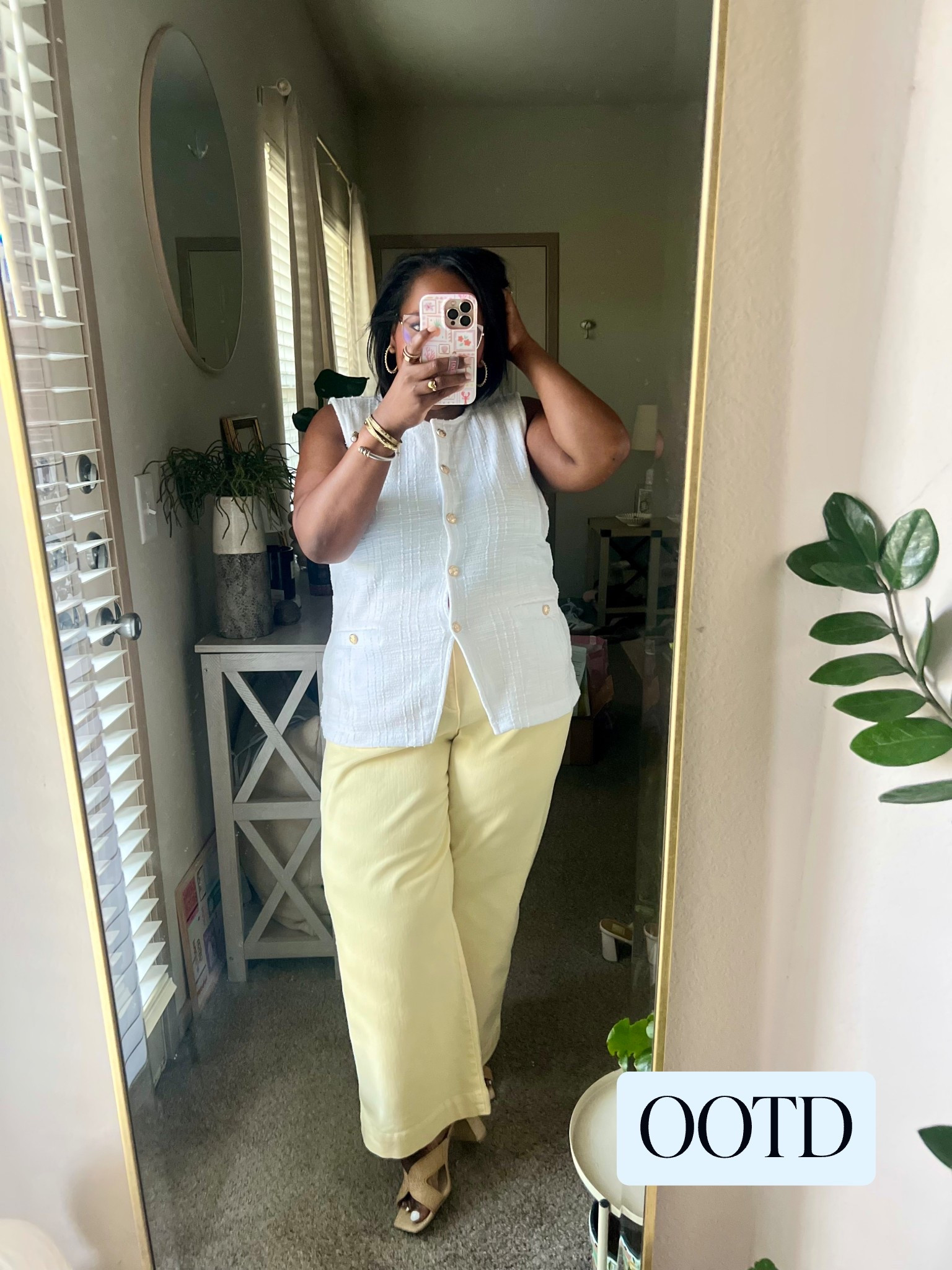 Office workwear ootd / LOFT Palmer Wide Leg Pants in butter yellow / White Tweed Knit Vest / Summer outfit / Business Casual 

#LTKMidsize #LTKSaleAlert #LTKWorkwear