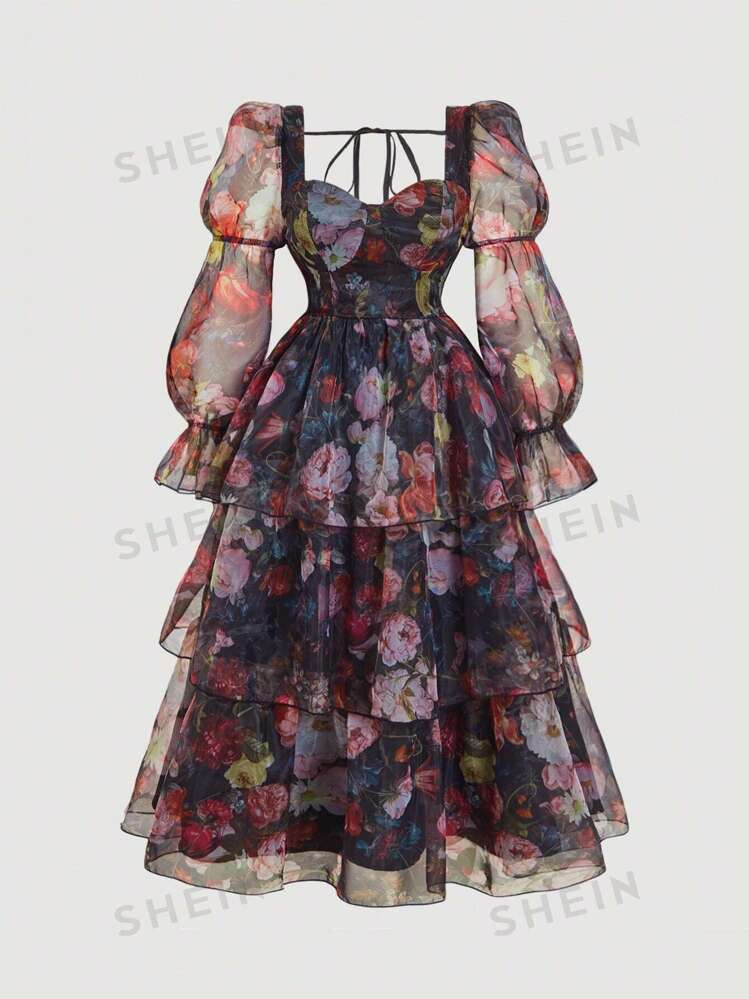SHEIN MOD Plus Size Vintage Floral Print Layered Dress | SHEIN