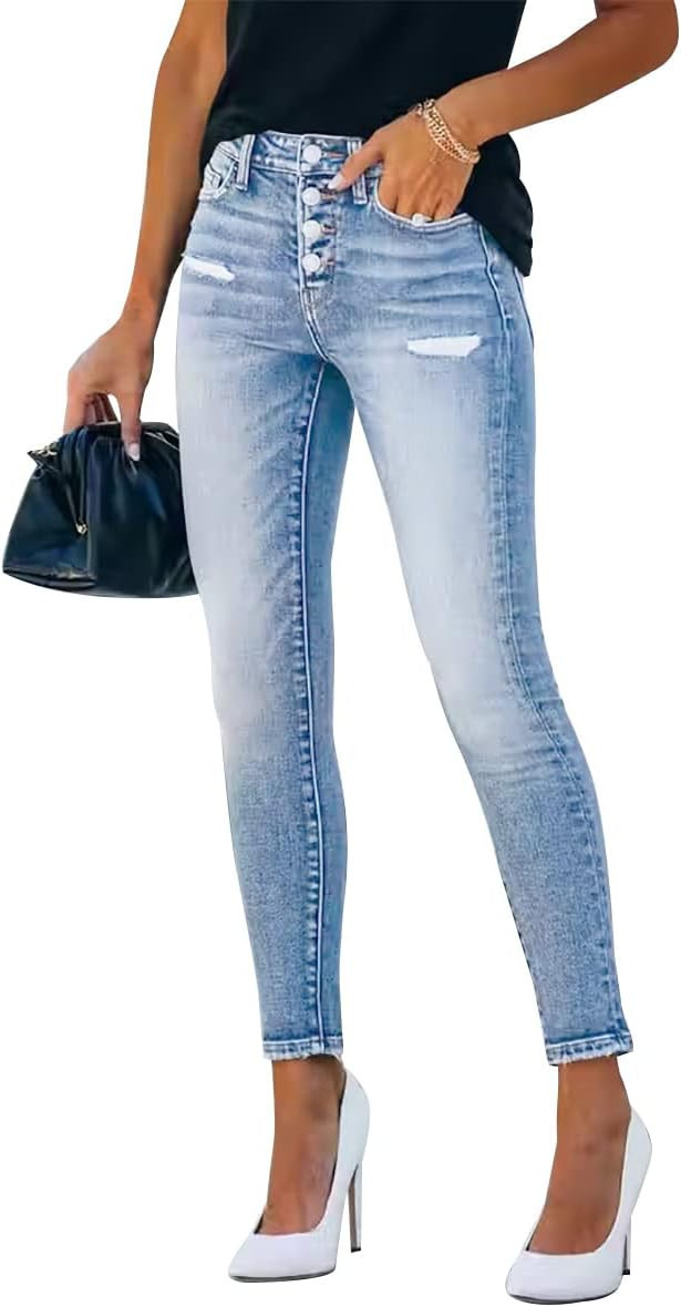 KUNMI Women's Ripped High Waisted Skinny Jeans Button Fly Distressed Stretchy Denim Pants | Amazon (US)