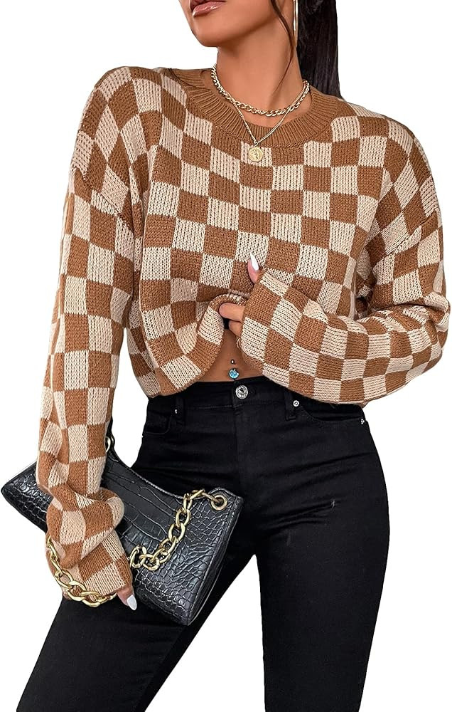 GORGLITTER Sweaters for Women Checkered Long Sleeve Crewneck Pullover Jumper Tops | Amazon (US)