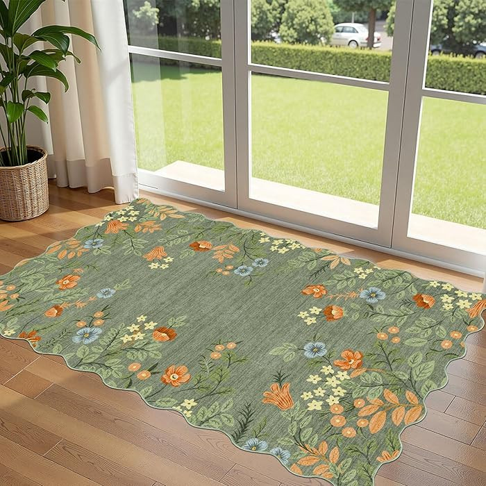 Sage Green Floral Entry Rug - 3x5 Ft Washable Indoor Outdoor Mats for Front Door Non-Slip Porch R... | Amazon (US)