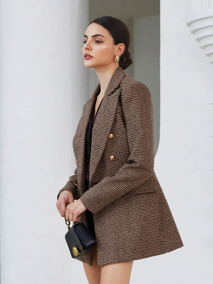 Aveloria Modichic Business Style Lapel Long Sleeve Plaid Double-Breasted Blazer Jacket  Fall Clo... | SHEIN