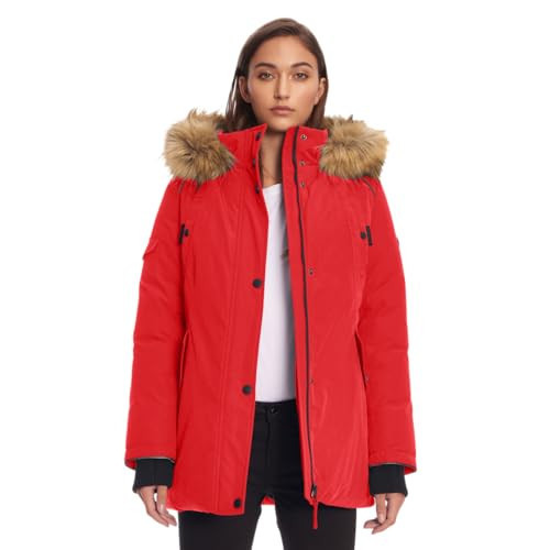 ALPINE NORTH Glacier Women’s Vegan Down Winter Coat with Faux Fur Hood - Parka Jacket for Women, Crimson, Small | Amazon (US)