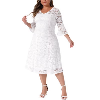 Women's Plus Size Wedding Guest Dress Party Lace V-Neck 3/4 Bell Sleeve Midi A-Line Dresses - Agnes Orinda 1X White | Target