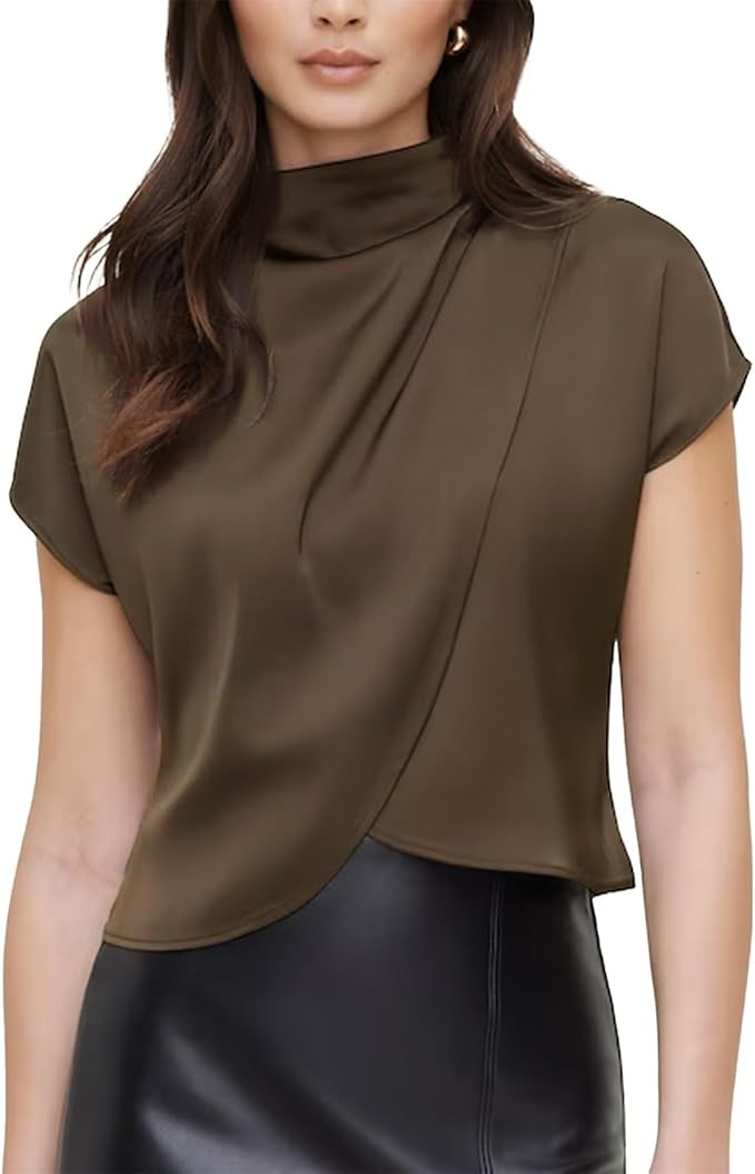 Duyang Women Mock Neck Satin Blouses Dressy Casual Short Sleeve Shirts Summer Business Layered Si... | Amazon (US)