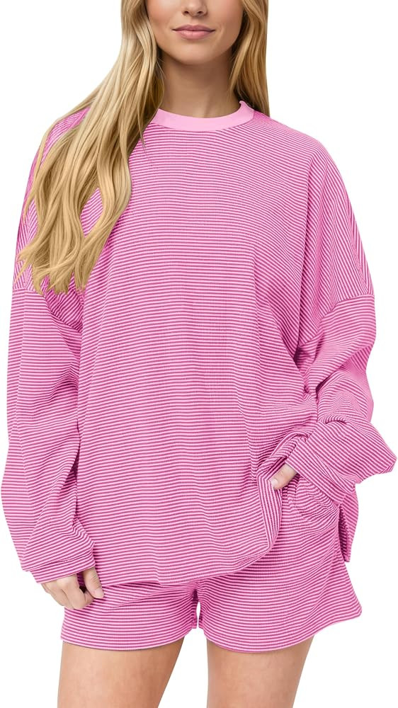 MISSACTIVER Women's Striped Lounge Set Long Sleeve Tee Shirts Drawstring Wide Leg Shorts Matching... | Amazon (US)